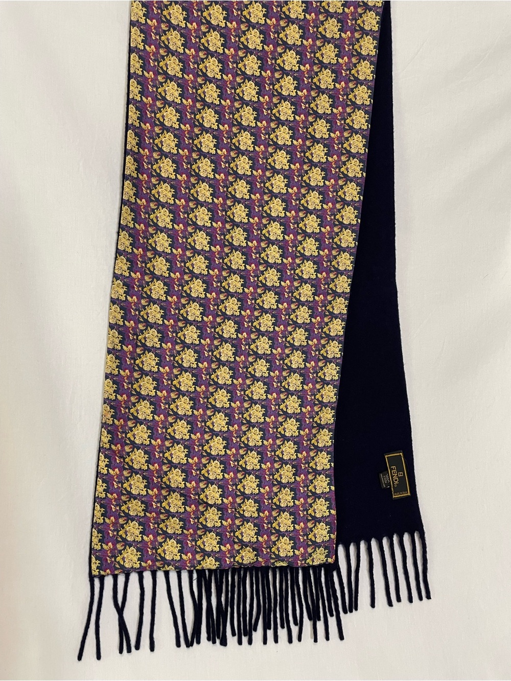 Vintage FENDI Cravatte Silk & Wool Double-Sided Fringe Scarf Floral Navy Italy